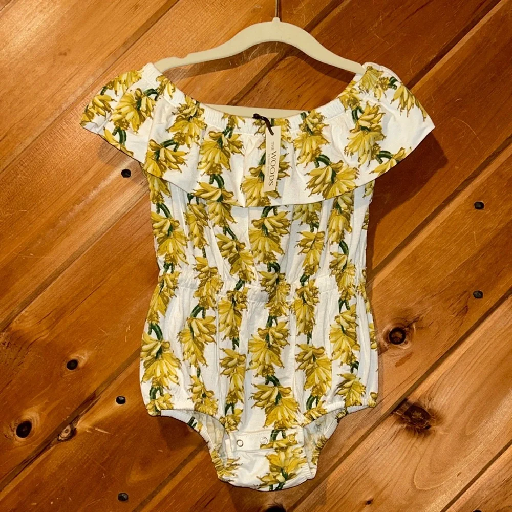 Kate Quinn the woods 18/24m bamboo banana ruffle top bubble romper NWT